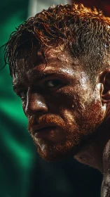 Wet male portrait with golden beard against neon green backdrop. 70