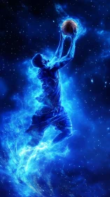 Basketball player silhouette in blue cosmic nebula field.