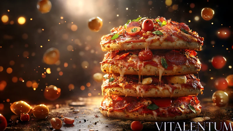 Multi-layer gourmet pizza stack rendered in cinematic lighting