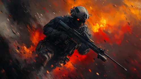 Armored tactical soldier advancing through fiery explosion.