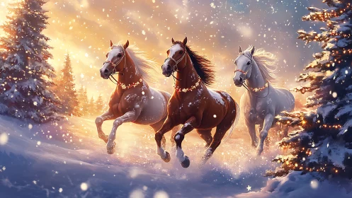 Three horses running through illuminated snowy forest scene.