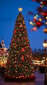 Tall outdoor Christmas tree with lights in city square.