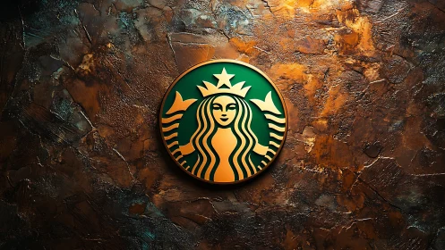 Starbucks siren logo glows against rich textured wall.