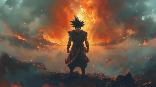 Backlit anime warrior silhouettes against apocalyptic firestorm