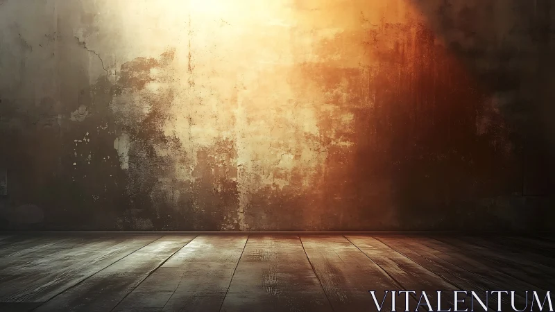 Golden light washes a weathered wall and empty wood floor