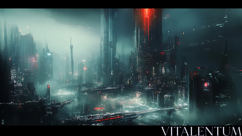 Cyberpunk megastructure skyline with neon vertical gridlines.