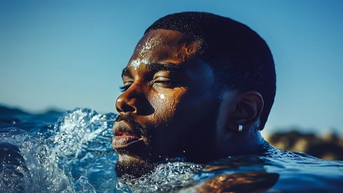 Sunlit swimmer emerges through crystalline ocean surface.