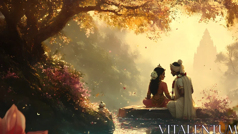 Divine couple beside river under golden temple light.