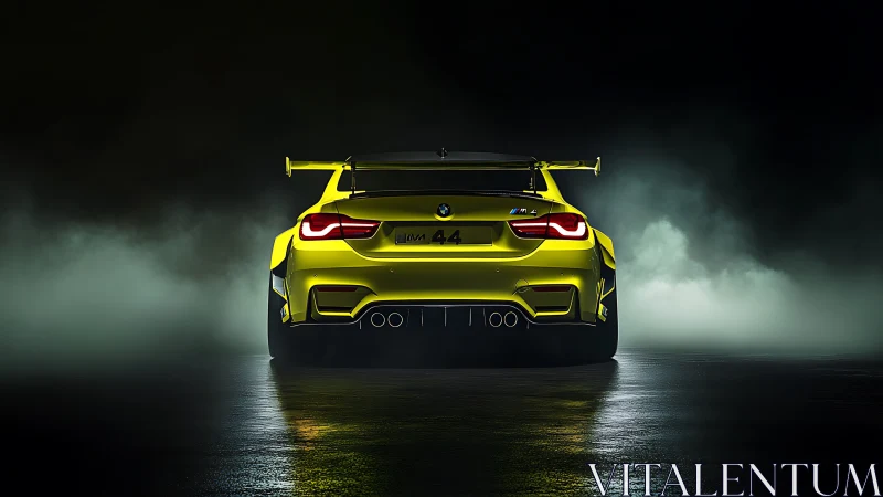 Yellow BMW race coupe rear view glows through drifting fog.