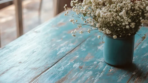 Minimalist Still Life: Baby's Breath in Turquoise Vessel.