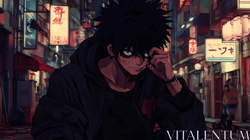 Brooding anime antihero stalks neon alley at night