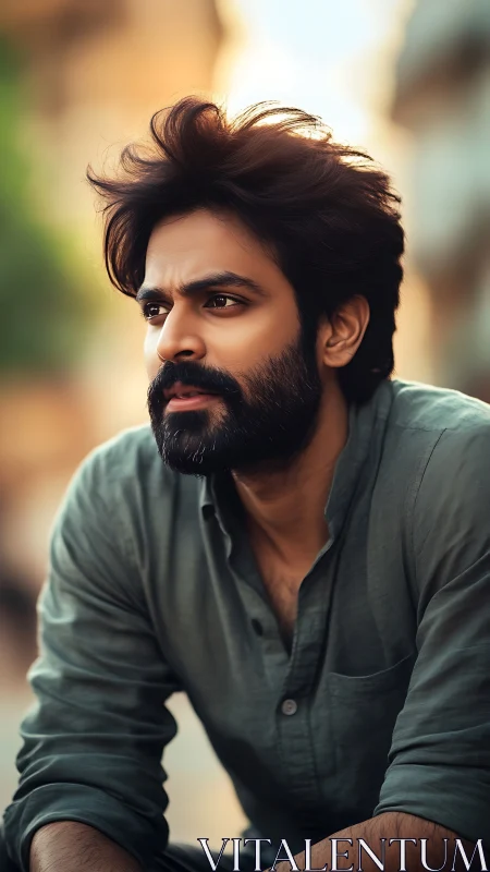 Sunlit wanderer in quiet thought on a hazy evening street.