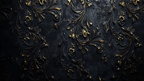 Golden baroque flourishes on deep charcoal textured wall.