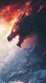 Fiery dragon spirit rises boldly from stormlit clouds