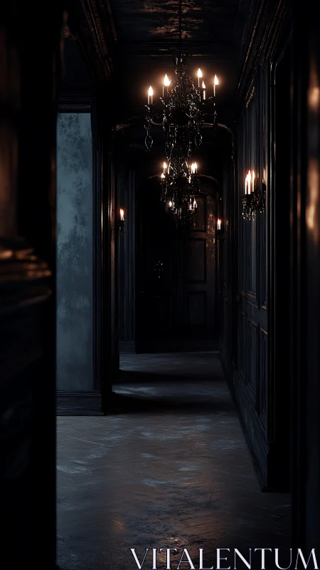 Dimly lit corridor with chandeliers and closed doorway.