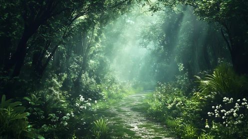 Ethereal Forest Passage Glowing with Celestial Light.