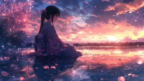Anime sunset portrait with reflective water and sakura bloom.