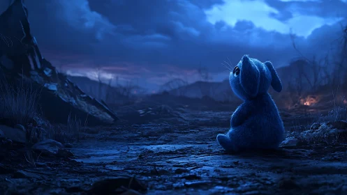 Blue plush rabbit on barren ground under dark cloudy sky.