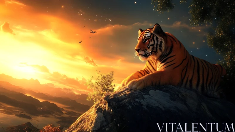 Tiger resting on rocky ledge under intense sunset sky.