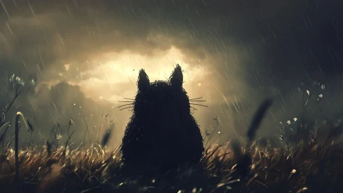 Silhouetted cat watches stormlit field under driving rain.
