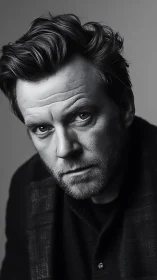 Monochrome close portrait of middle‑aged bearded man.