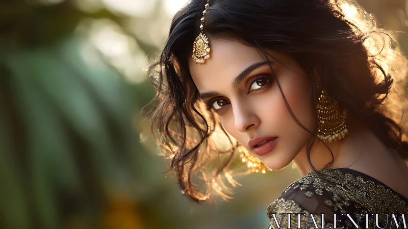 Golden light frames an elegant woman in ornate jewelry.