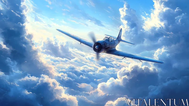 Single propeller aircraft traverses dense cumuliform cloudscape