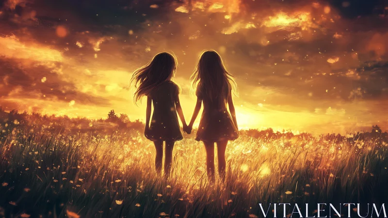 Silhouetted girls in luminous meadow under burning sunset sky.