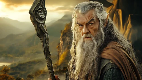 Fantasy wizard portrait with ornate staff in epic landscape.