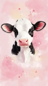 Holstein calf portrait against soft pastel pink background