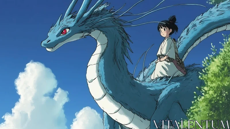 Girl riding blue dragon against clear sky and clouds.
