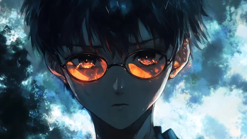 Backlit anime portrait shows reflective glasses with internal fire glow