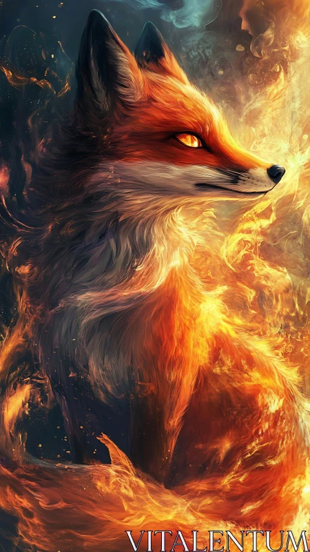 Fiery spirit fox wrapped in swirling, magical embers.