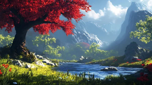 Crimson maple crowns luminous alpine river valley dawn