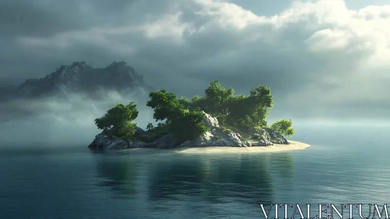 Tropical Island with Rocky Outcrop and Vegetation.