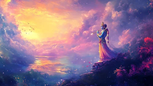 Divine blue figure playing flute over iridescent sunset sea.