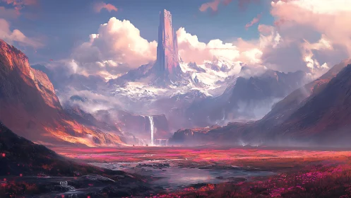 Tower-like mountain formation rises above snowy valley basin