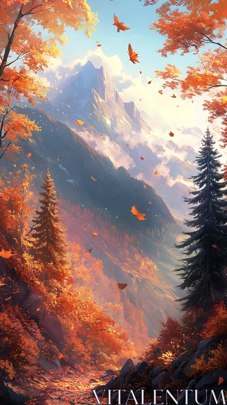 Autumn mountain pass under swirling leaves and warm light.