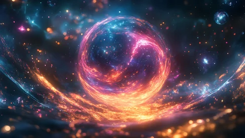 Cosmic energy vortex swirling in luminous nebula field.