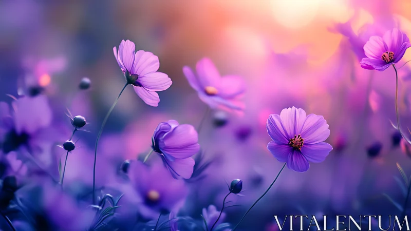 Purple Cosmos Flowers in Shallow Depth Optical Field.