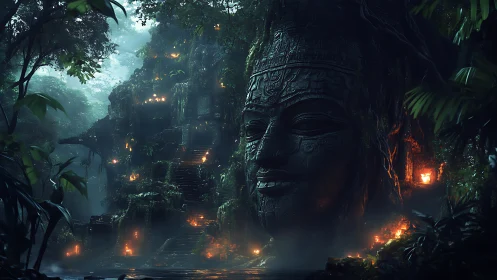 Ancient jungle temple engulfs colossal stone deity face.