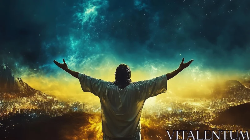 Sky-split dawn over the city as robed figure welcomes light.