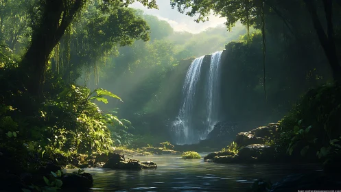 Waterfall Cascades Through Emerald Forest Canopy.