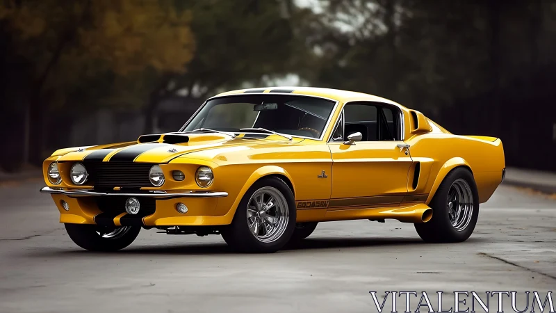 Golden muscle car poised for a sunny nostalgic joyride.