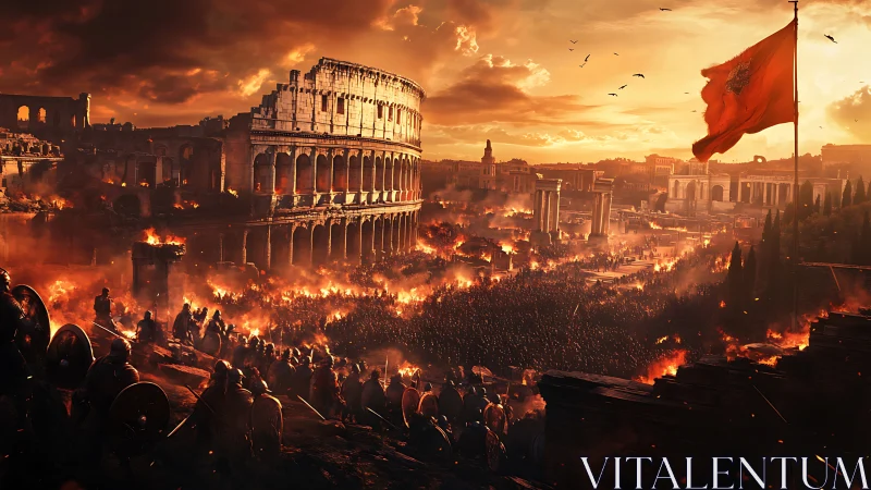 Burning Colosseum dominates Rome amid chaotic siege at dusk.