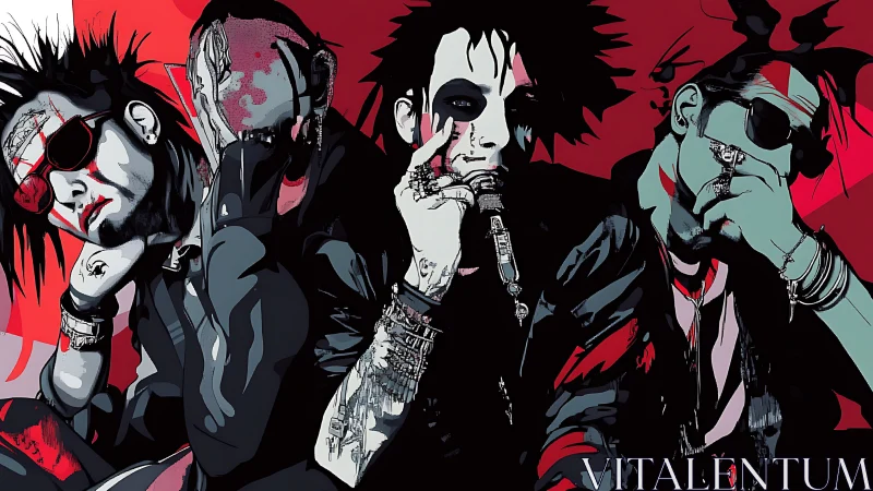 Stylized rock band portrait uses bold red noir palette