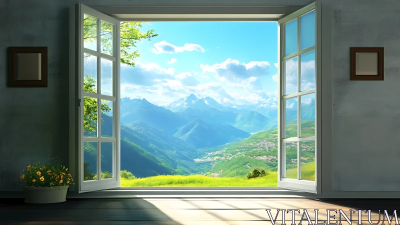 Open white window frames bright alpine valley panorama.