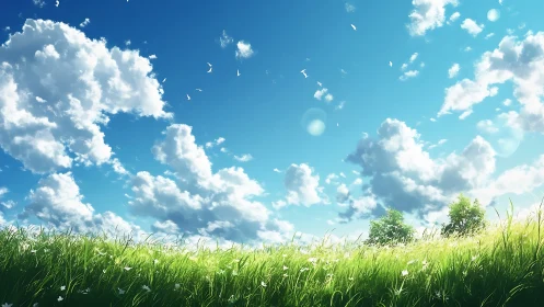 Cloud filled blue sky over green grass field landscape.
