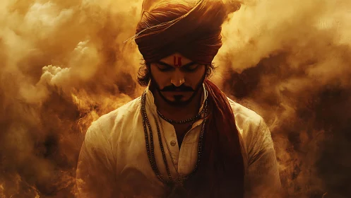 Warrior in saffron haze bows in silent spiritual focus.