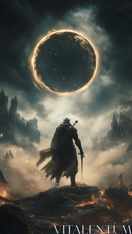 Dark warrior beneath burning celestial ring portal.